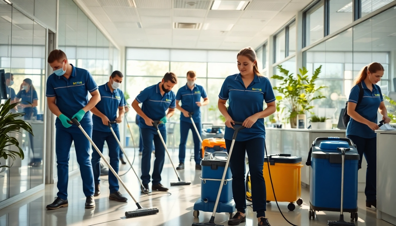 Team bei der Gebäudereinigung Ulm, der professionelle Reinigung in einer modernen Büroumgebung durchführt.