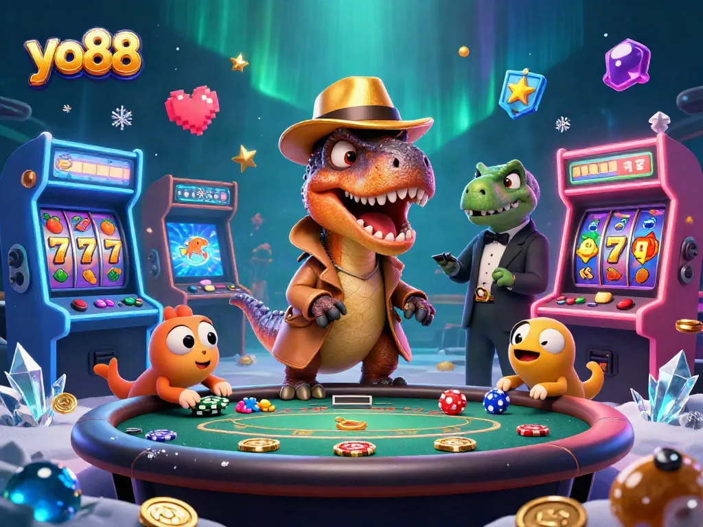 Experience the excitement at yo88 with a playful casino scene featuring vibrant characters and elements.