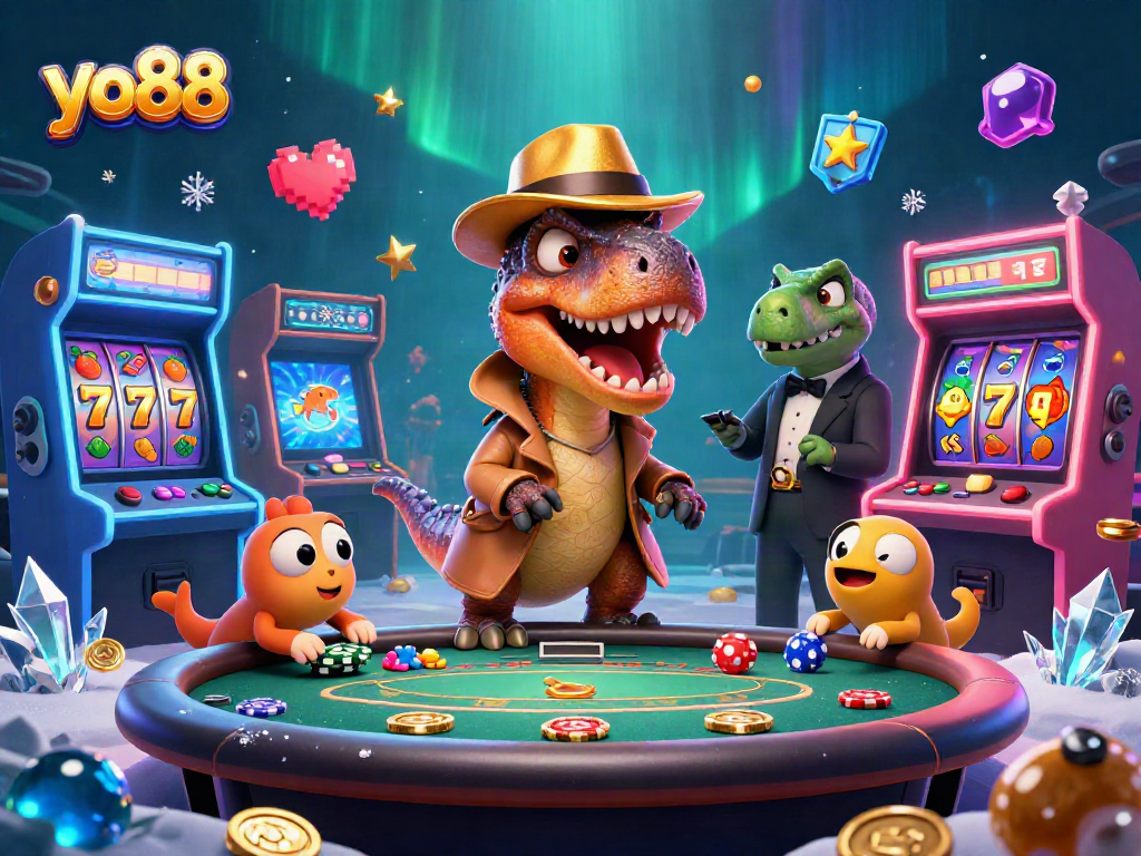 Experience the excitement at yo88 with a playful casino scene featuring vibrant characters and elements.