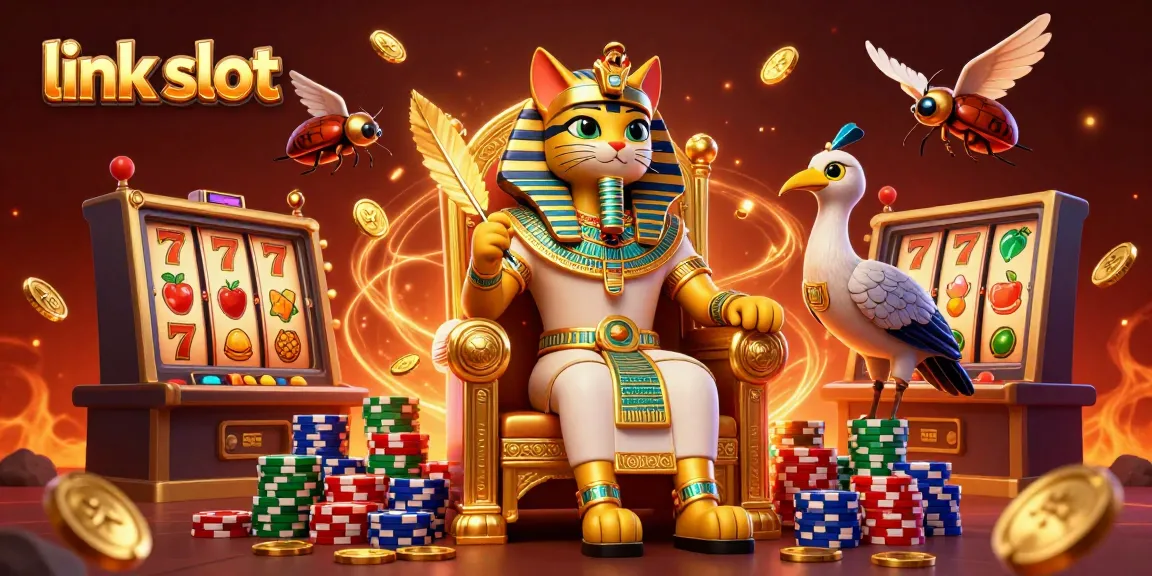 Winning big with link slot games, featuring a pharaoh cat and dynamic casino elements.