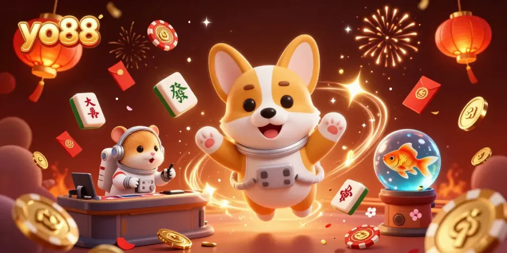 Experience the excitement of yo88 with a 3D floating corgi in a vibrant casino scene, showcasing dynamic game elements and festive atmosphere.