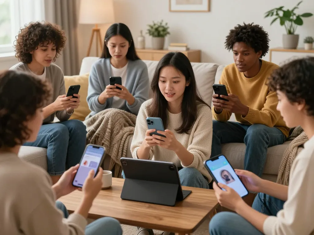 Engaging sex AI chat conversations with diverse users in cozy digital settings reflecting emotional connection.