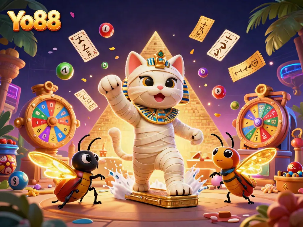 Engage with Yo88's thrilling experience featuring a vibrant 3D illustration of an Egyptian mummy in a casino.