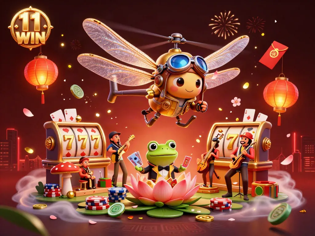 Experience thrilling games at 11 WIN with a lively dragonfly pilot and unique casino characters.
