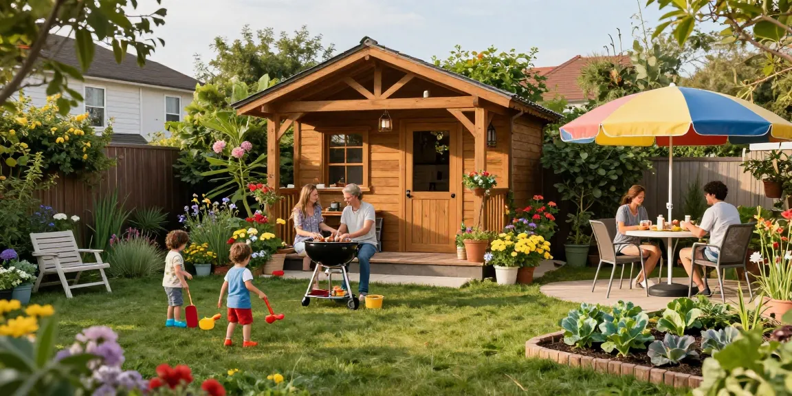 Helles Gartenhaus umgeben von bunten Blumen und spielenden Kindern im Garten.