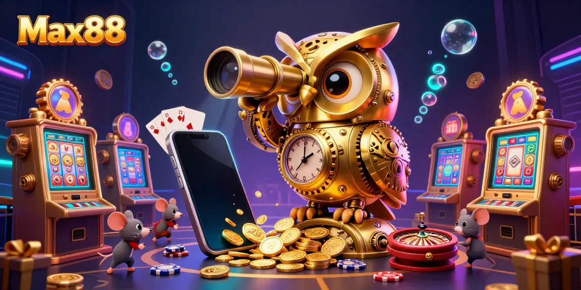 Max88 captivates the audience with a vibrant 3D illustration of a golden clockwork owl overseeing a lively casino floor filled with dynamic game elements.