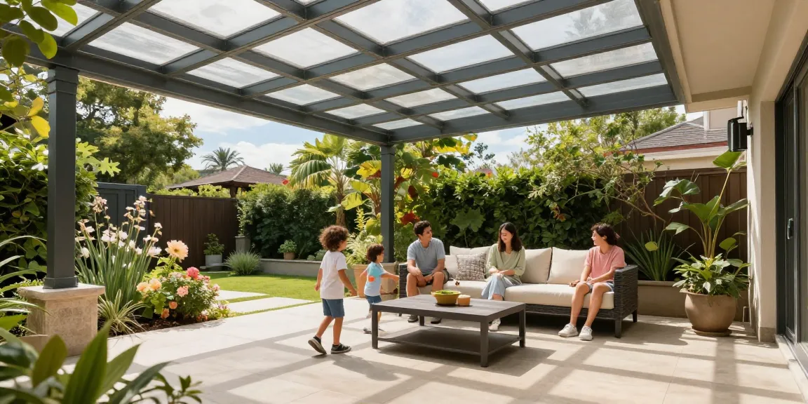 Moderne Terrassenüberdachung mit Familie und Garten genießen.