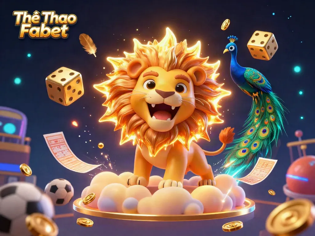 Engage with Thể Thao Fabet through a vibrant sports betting scene featuring a roaring lion and dynamic game symbols.