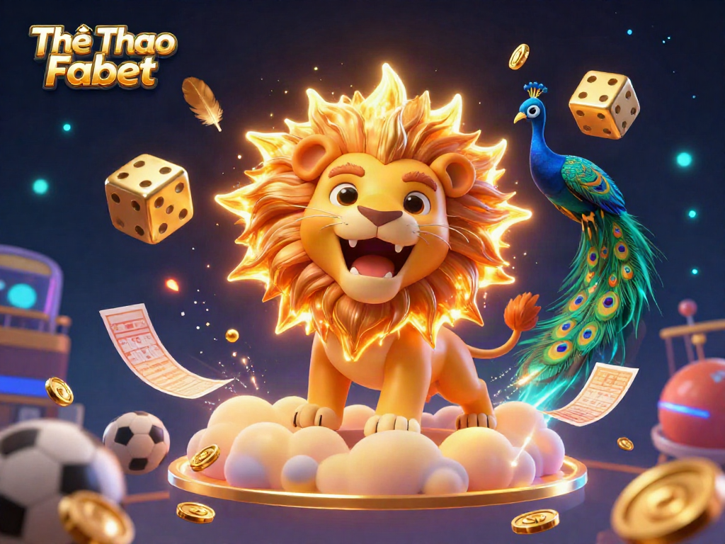 Engage with Thể Thao Fabet through a vibrant sports betting scene featuring a roaring lion and dynamic game symbols.
