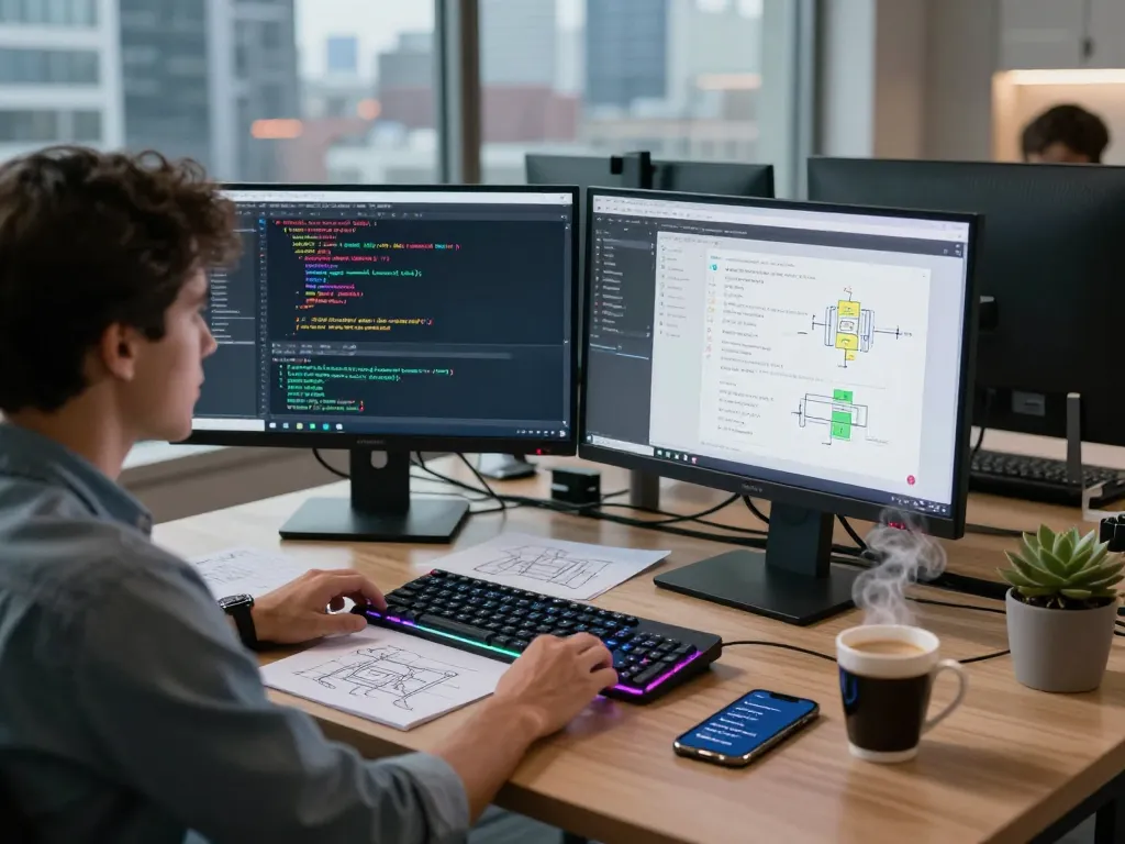 Dynamic software development workspace showcasing thscrore.app features, highlighting coding and app design.