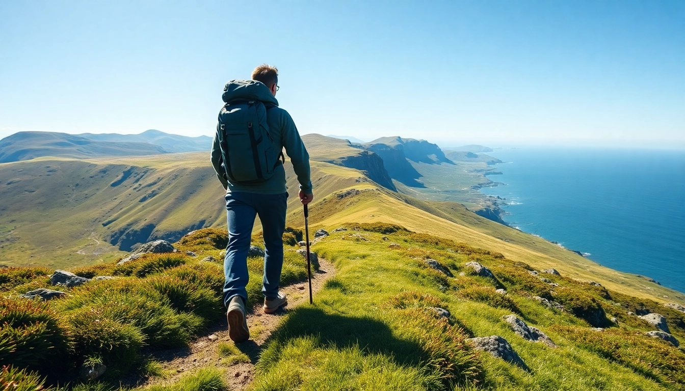 Wanderer auf dem Beara Way Irland, umgeben von atemberaubender Landschaft und grünen Hügeln.