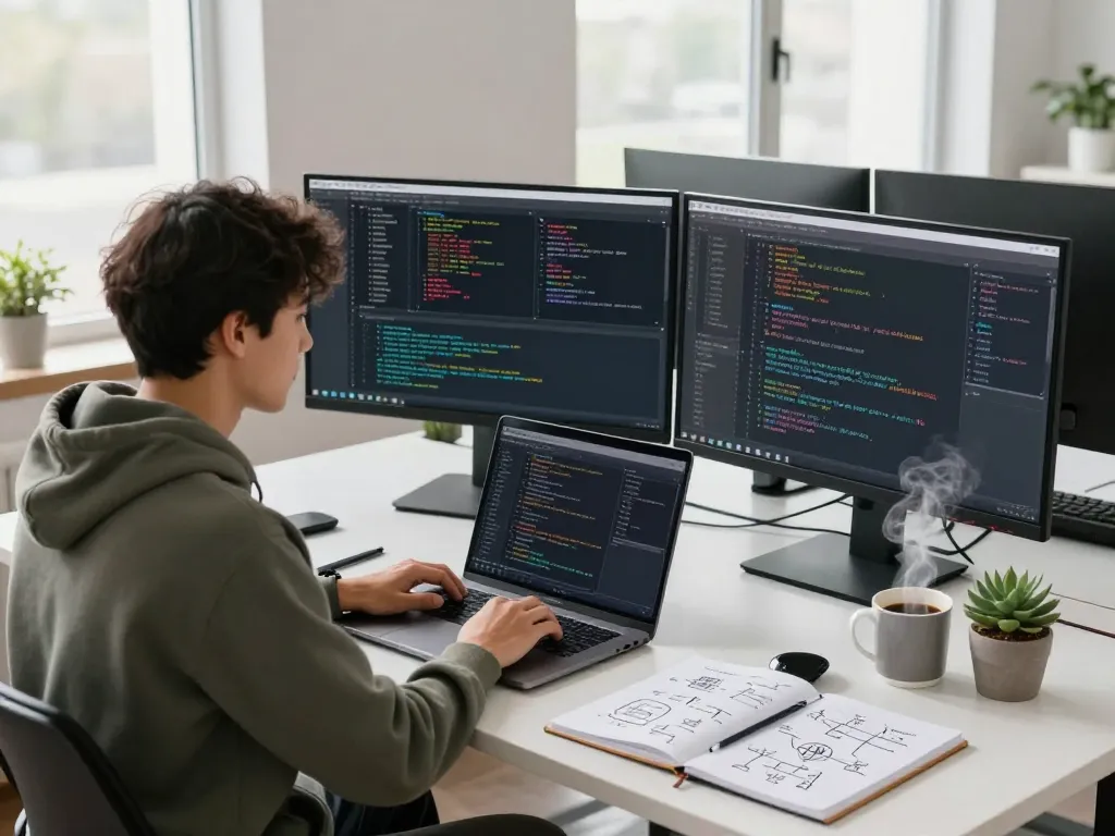 Innovative workspace with coding on multiple screens at 7mvna.com