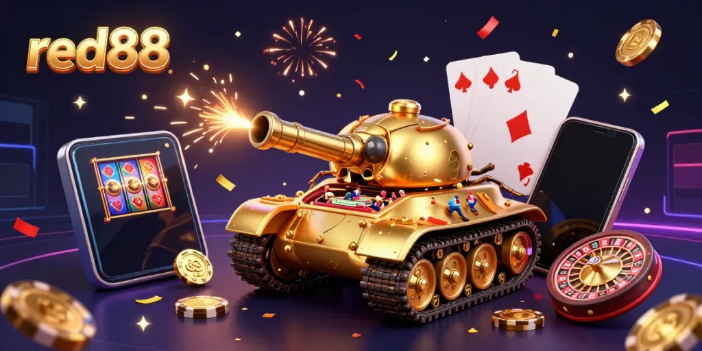 Engage with exciting red88 casino experiences featuring a miniature casino in a golden beetle tank surrounded by casino elements.