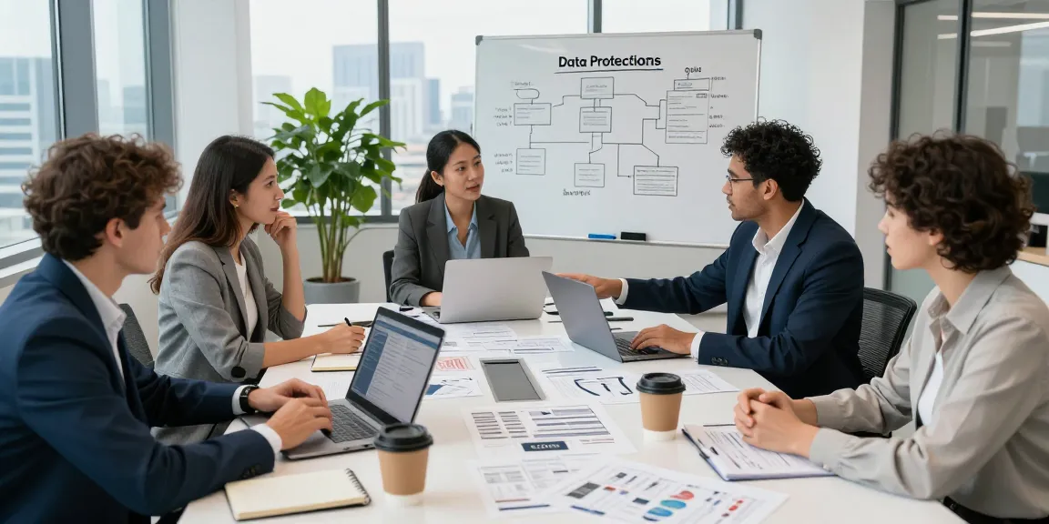 Consulting office meeting on Startseite with experts discussing GDPR compliance strategies and data protection solutions.