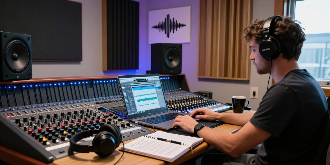 Artist in a music studio creating innovative MM OO tracks with vibrant energy.