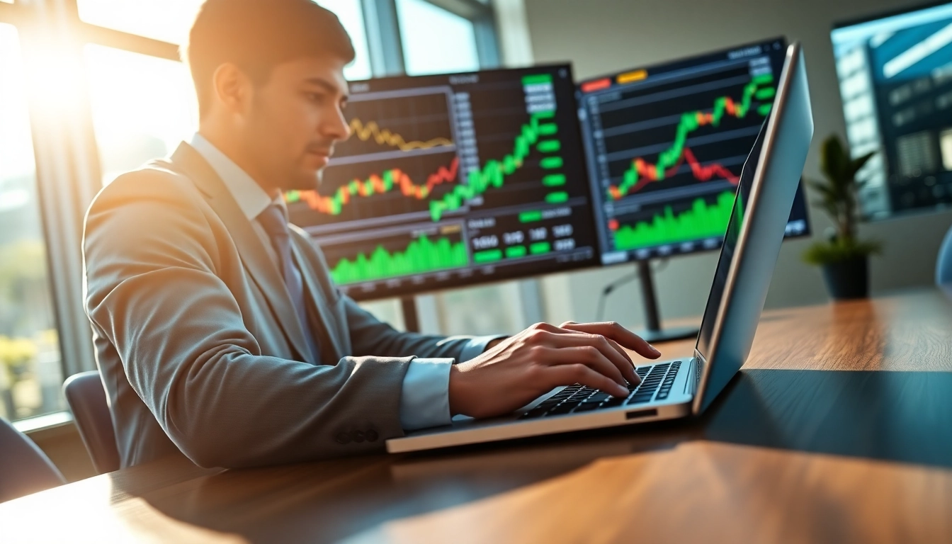 Der Finanzanalyst untersucht Daten zu Indexfonds am Laptop in einem modernen Büro.