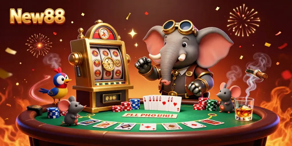 Experience the excitement of New88 with a steampunk elephant operating a slot machine surrounded by vibrant poker elements and confetti.