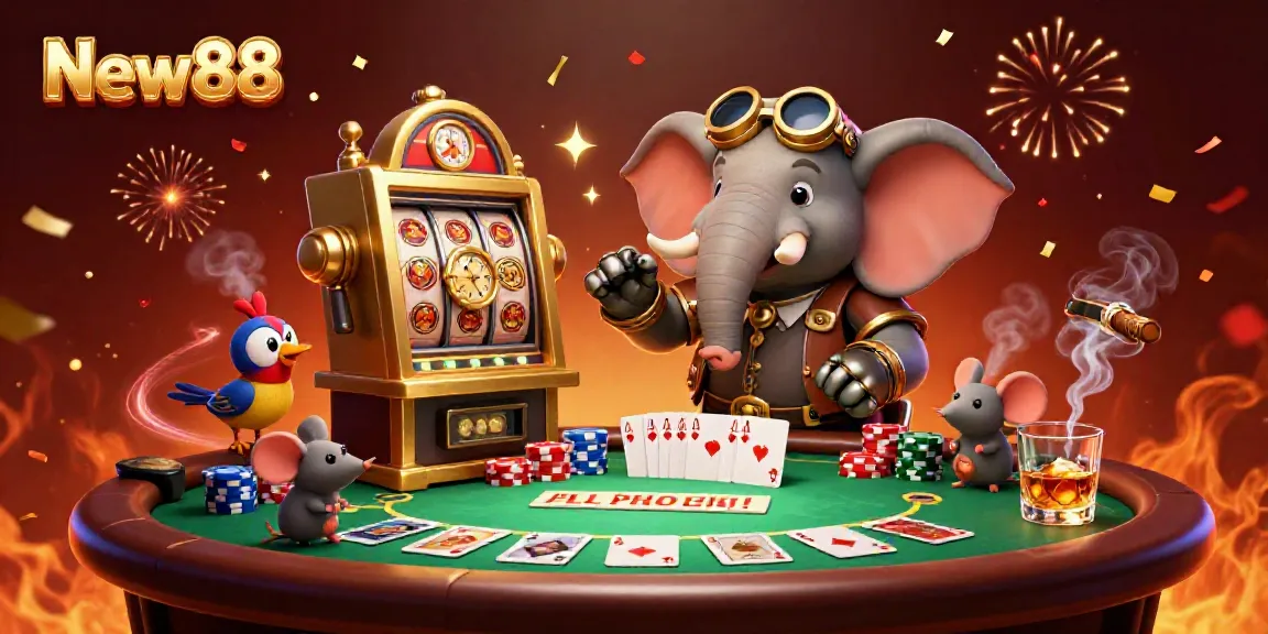 Experience the excitement of New88 with a steampunk elephant operating a slot machine surrounded by vibrant poker elements and confetti.