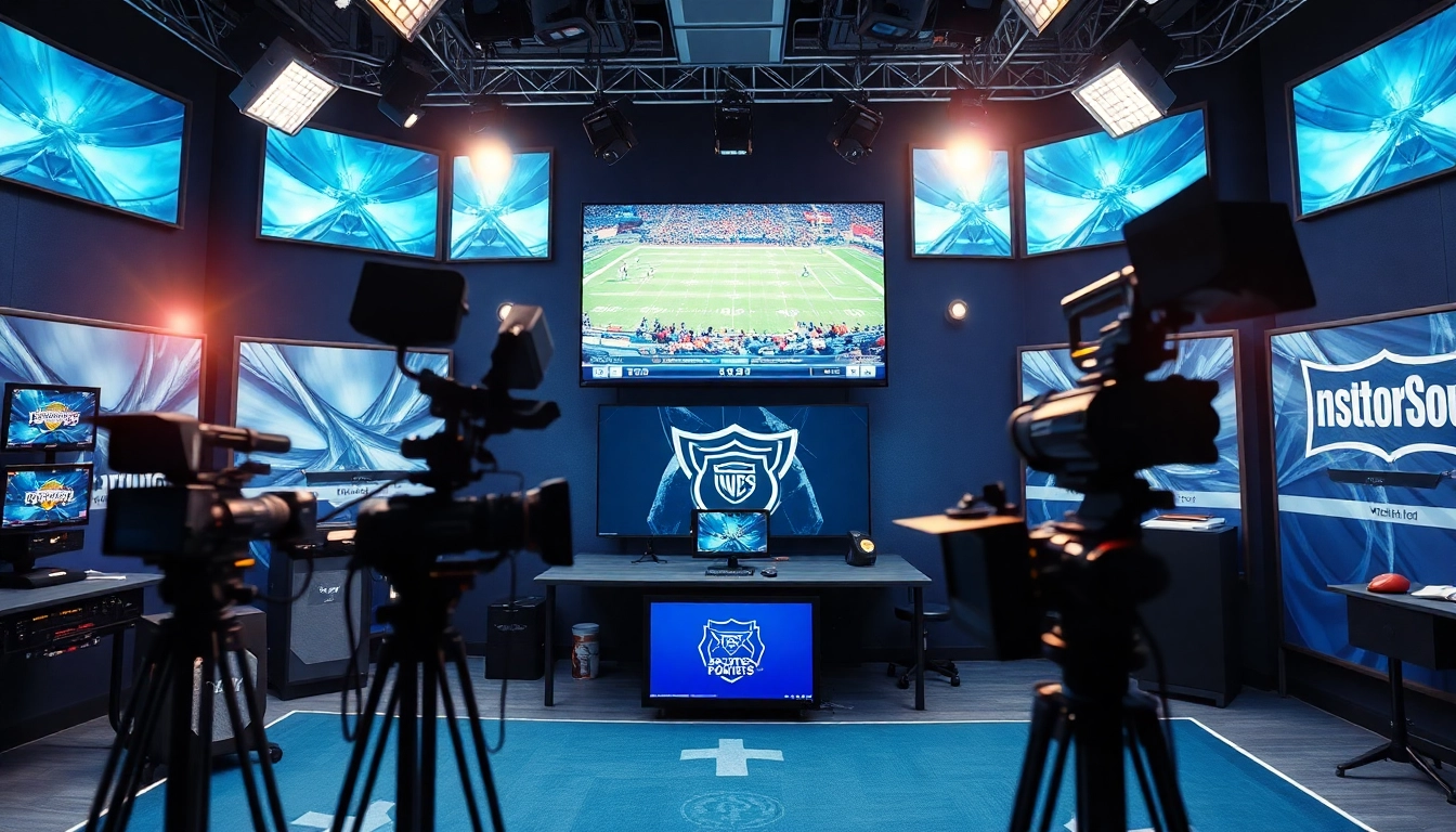 Engaging scene of sports broadcasting with equipment and vibrant atmosphere.