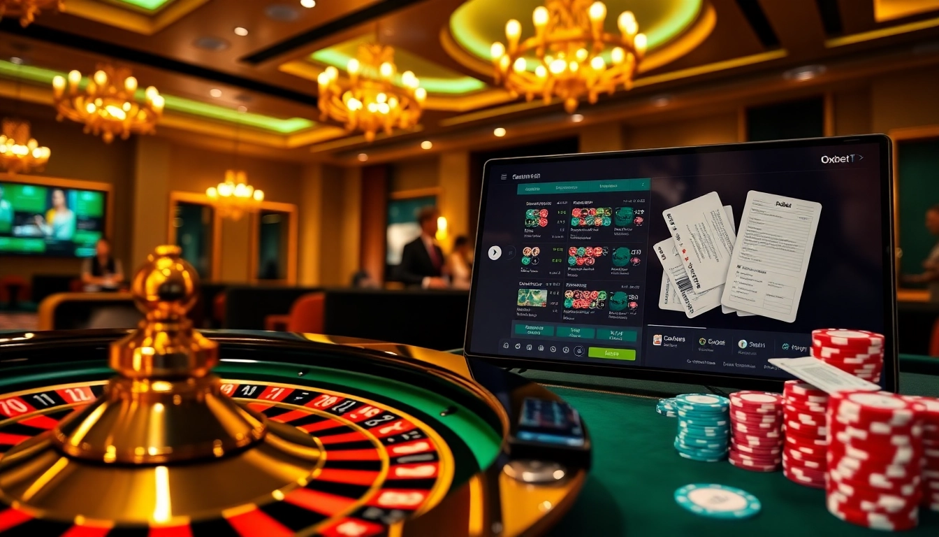 Oxbet offers a vibrant online gaming experience with roulette and poker chips.