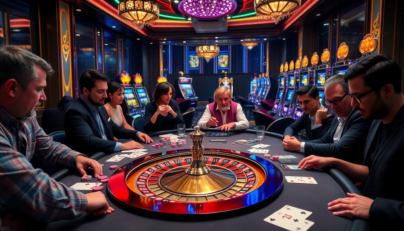 Engaging casino scene highlighting 7m poker table action with players betting enthusiastically.