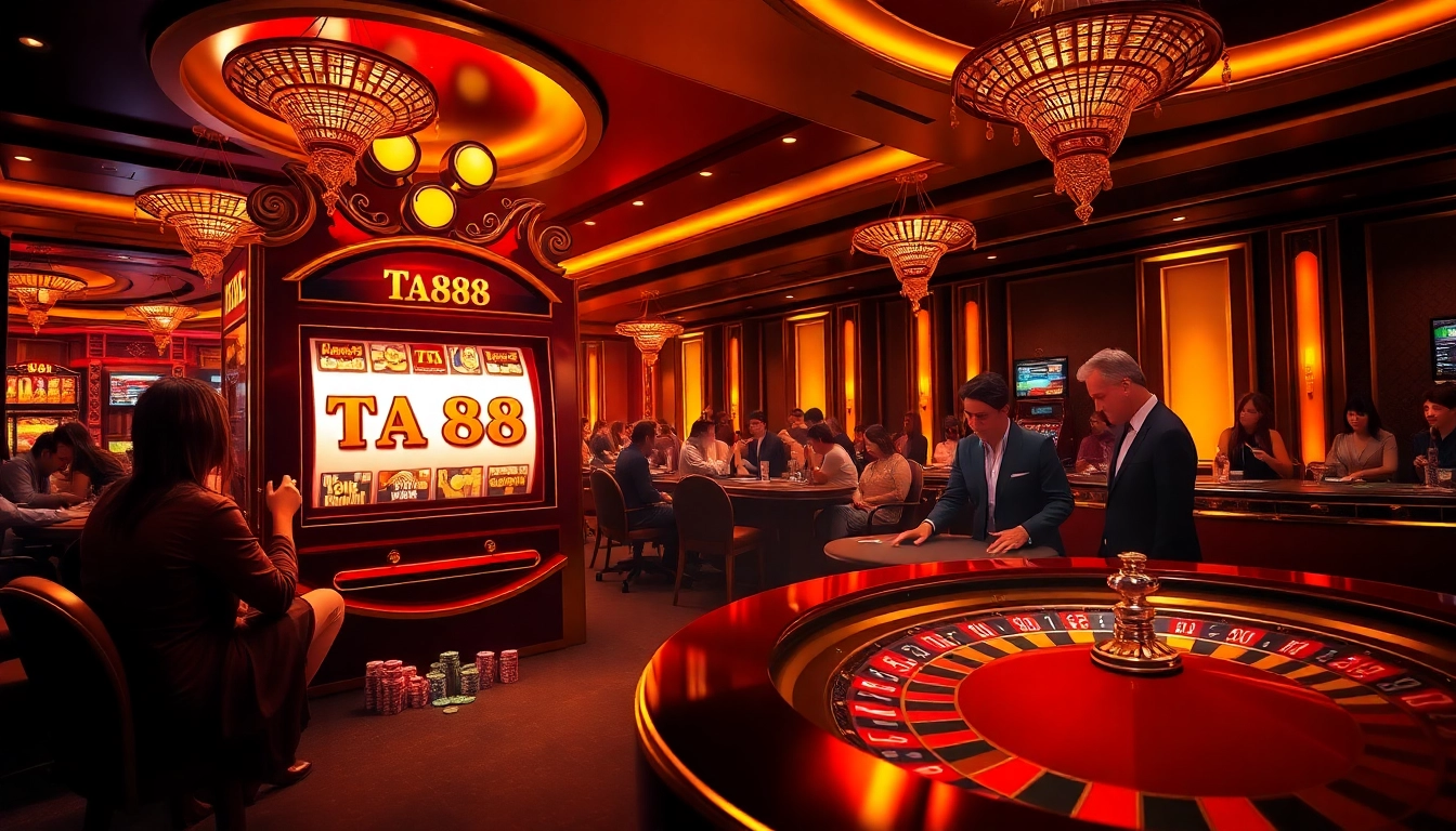 Ta88 slot machine draws in excited players at a luxurious casino showcasing vibrant action.