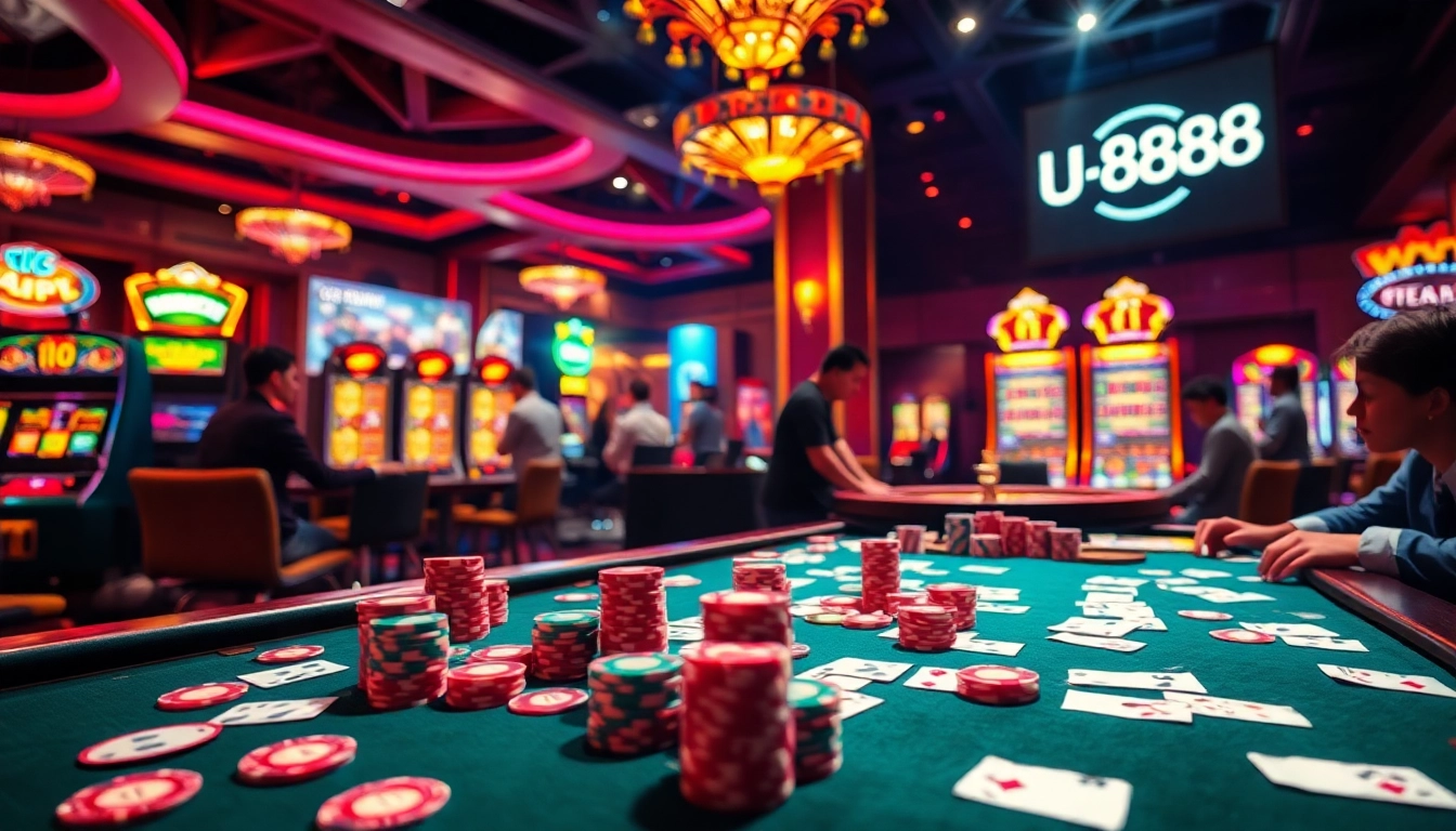 Engaging gamblers at a luxurious casino table featuring U8888, poker chips, and a roulette wheel.