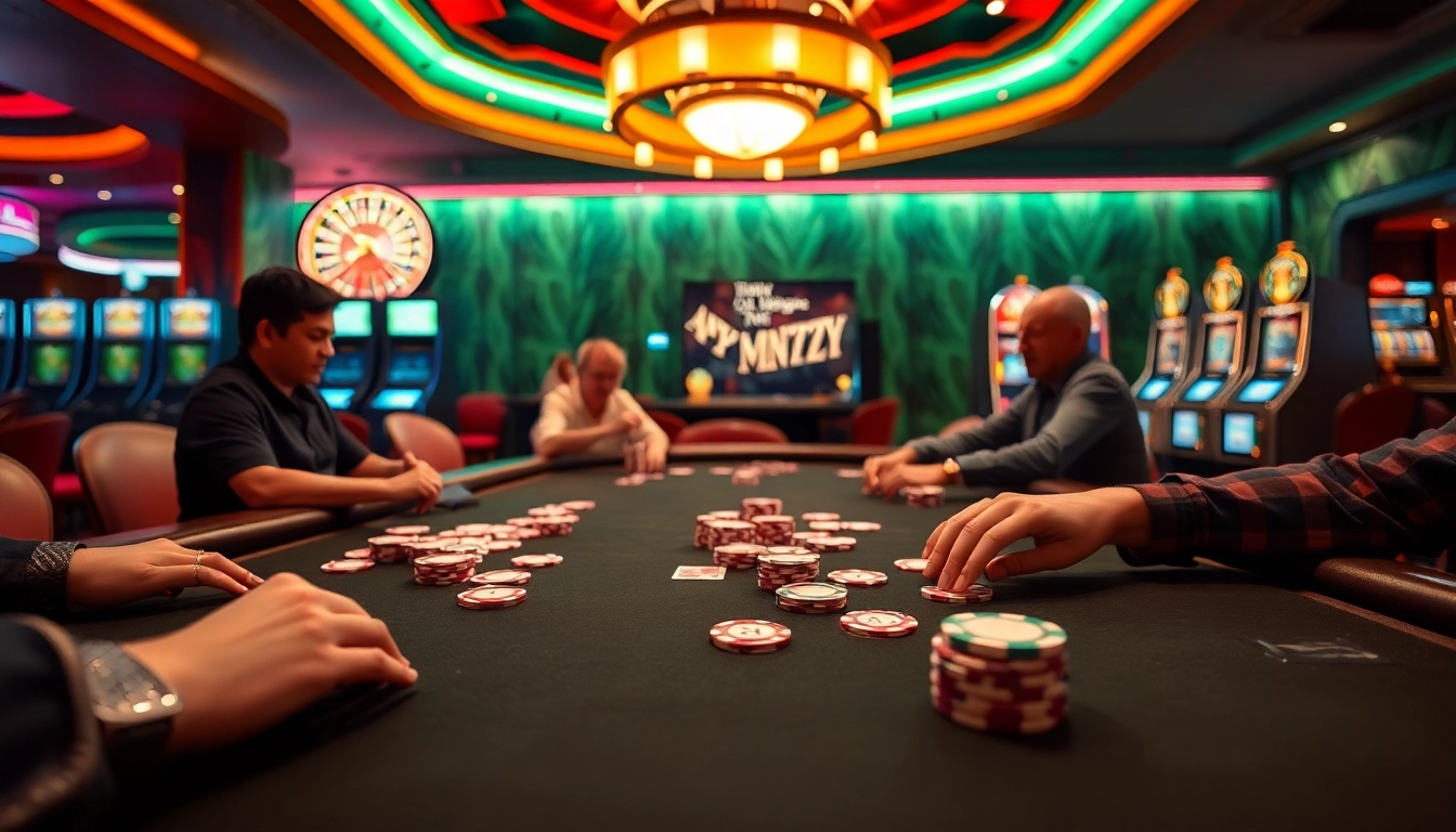 KJC players strategizing at a vibrant poker table in an upscale casino setting.