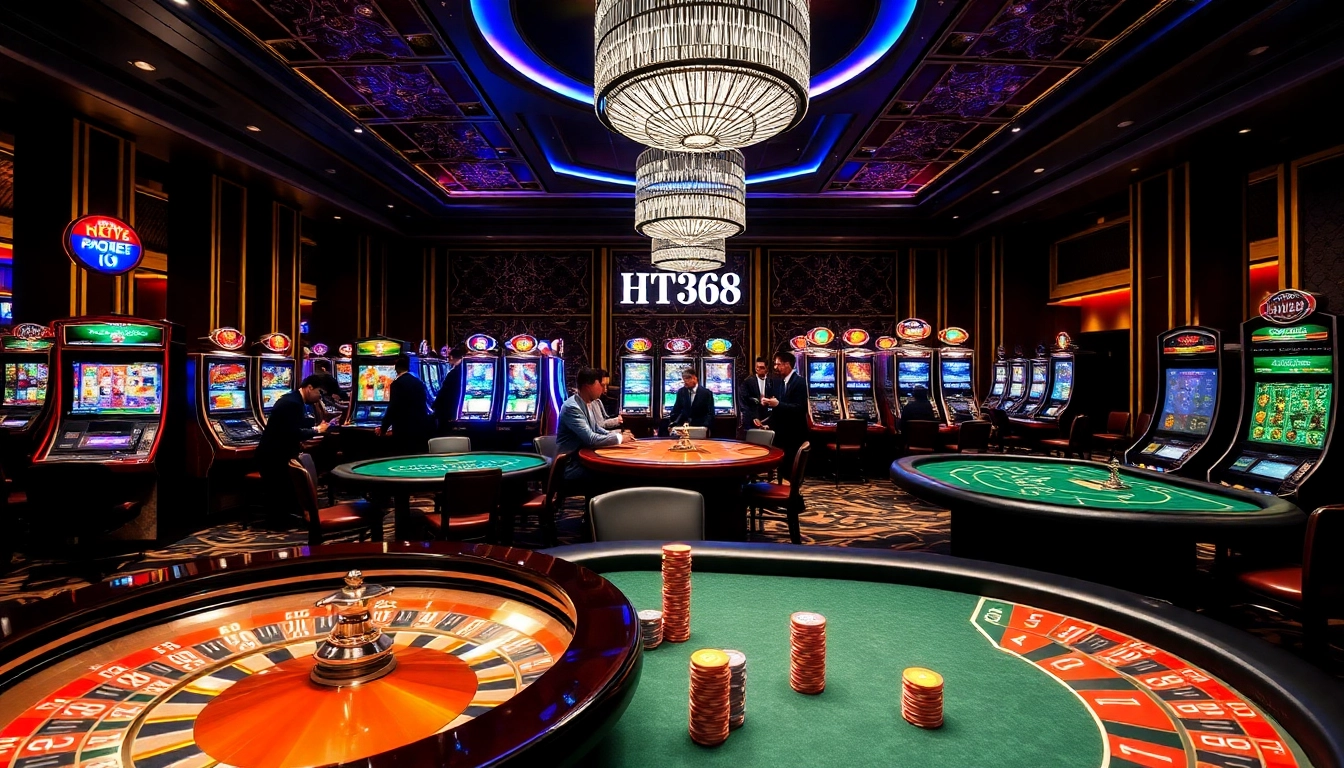 Experience the thrilling gameplay at HT368 casino, featuring vibrant poker chips and roulette wheels.