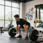 Deus Shop: Fitnessbegeisterte Person trainiert intensiv im modernen Fitnessstudio.