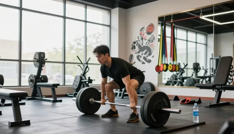 Deus Shop: Fitnessbegeisterte Person trainiert intensiv im modernen Fitnessstudio.