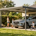 Moderne Carport-Installation mit Parkwagen und Garten, ideal für Familien mit Kindern.