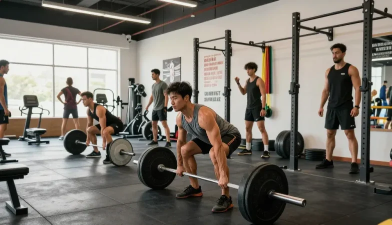 Intensives Training im Steroidshop mit Bodybuilder, der schweres Gewicht hebt