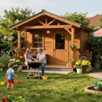 Helles Gartenhaus umgeben von bunten Blumen und spielenden Kindern im Garten.