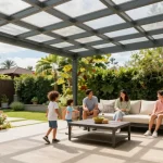 Moderne Terrassenüberdachung mit Familie und Garten genießen.